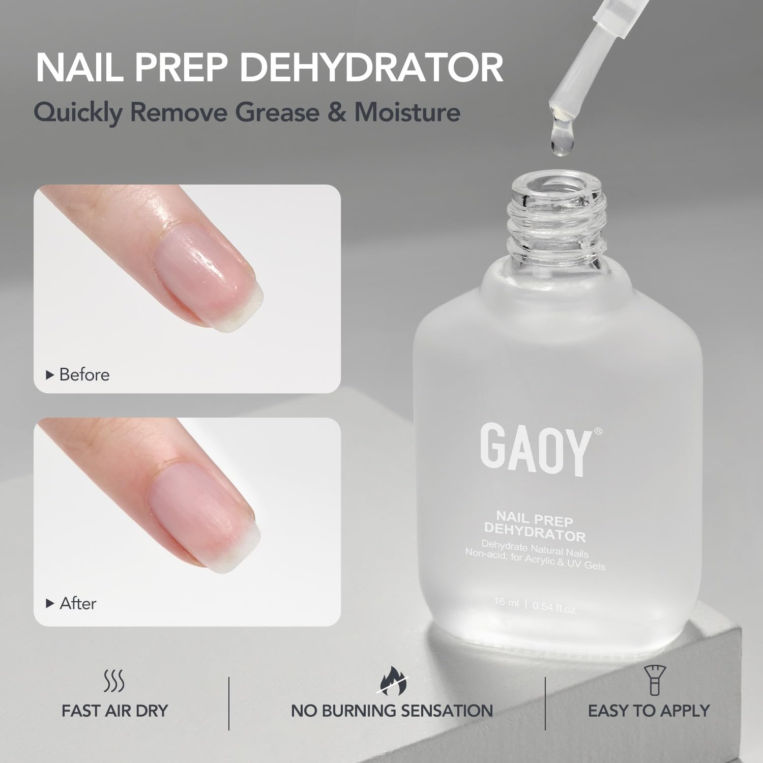 GAOY nail primer bottle closeup boosts adhesion for gel polish.