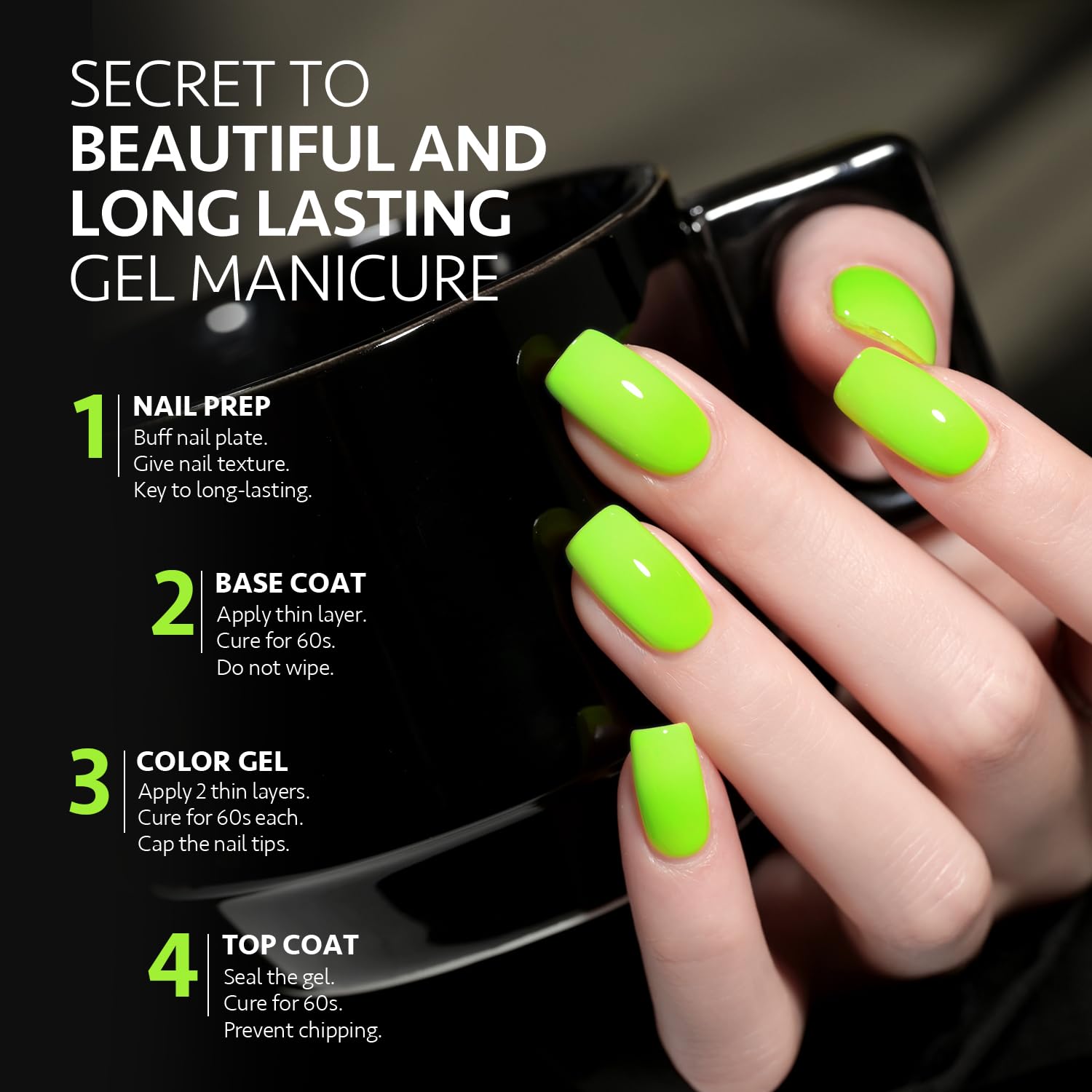 GAOY neon green gel polish curing under UV lamp for 60 seconds