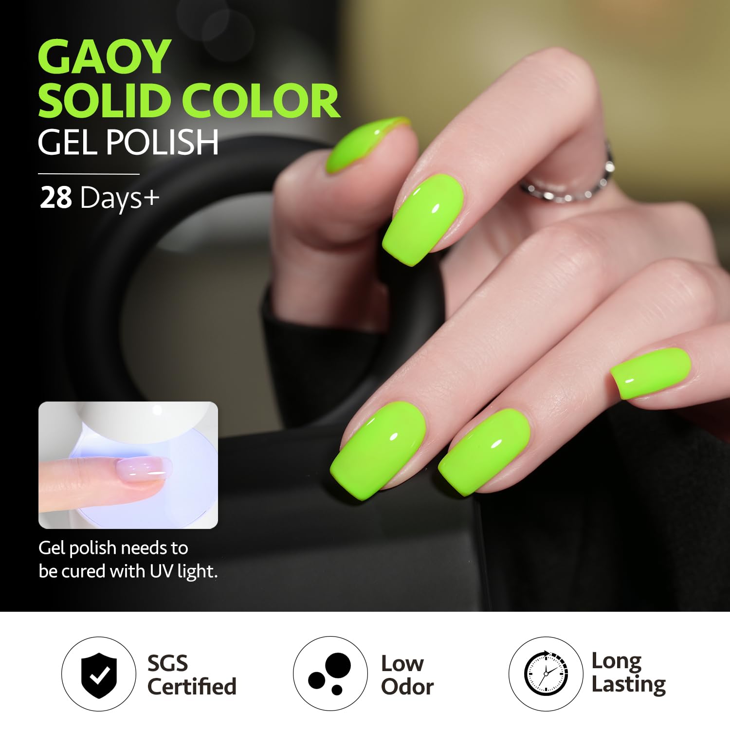 Packaging of GAOY Neon Green Gel Nail Polish 16ml