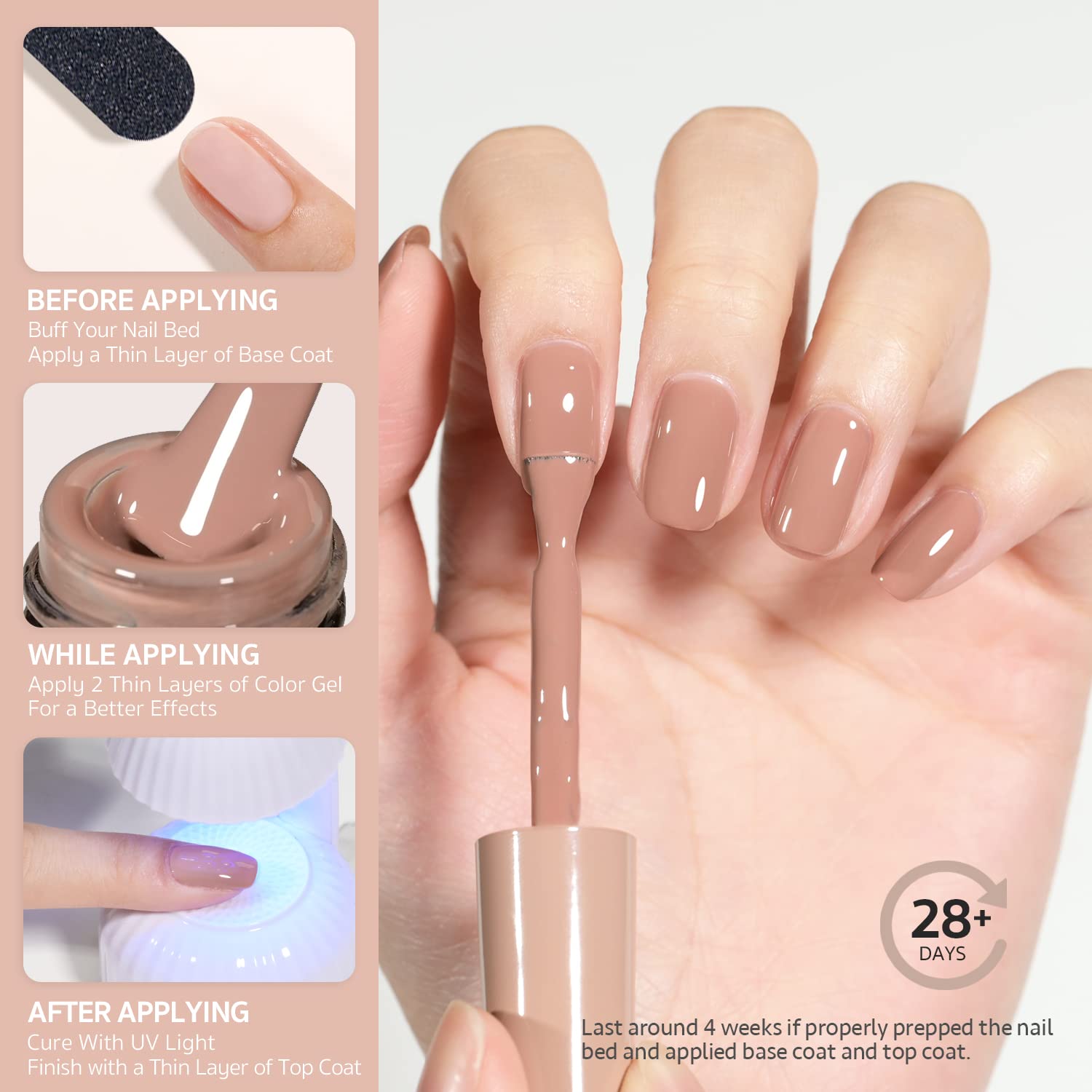 GAOY Nude Brown gel color swatches illustrating versatile DIY nail art possibilities.
