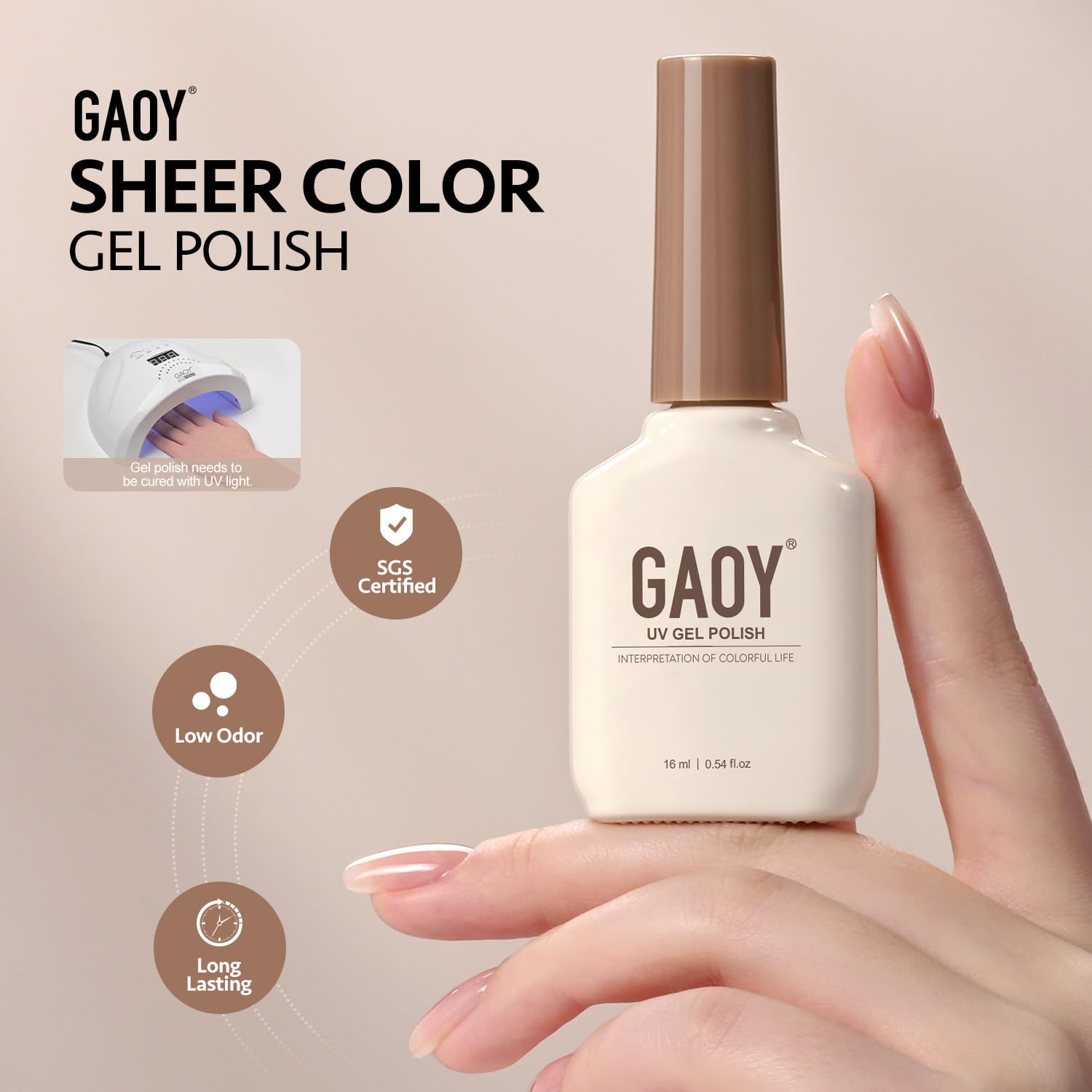 GAOY Nude Jelly Gel Nail Polish label emphasizes safety and SGS certified ingredients.