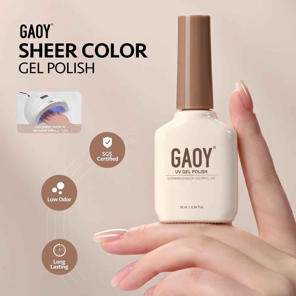 GAOY Nude Jelly Gel Nail Polish label emphasizes safety and SGS certified ingredients.