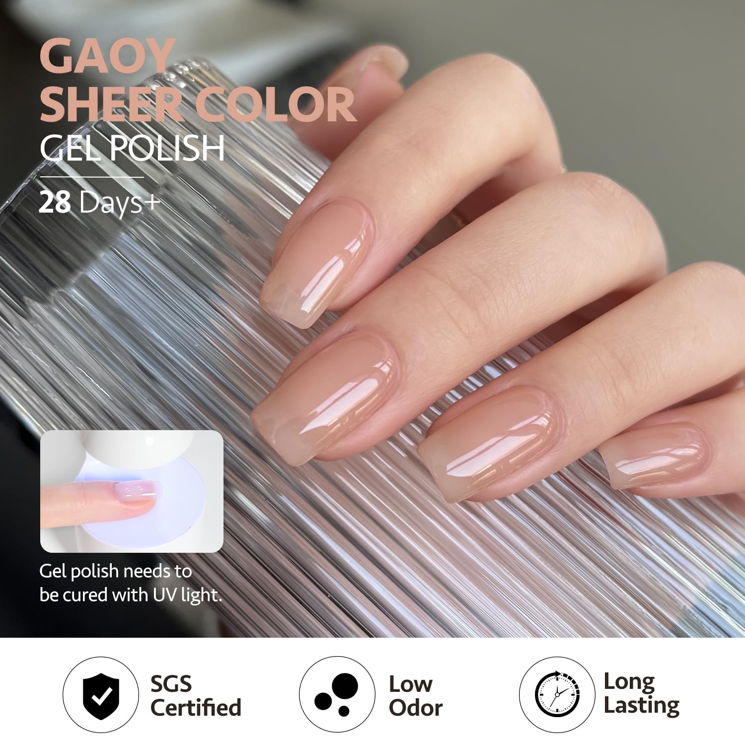 GAOY Nude Jelly Gel Nail Polish topcoat adds a shimmering jelly finish.