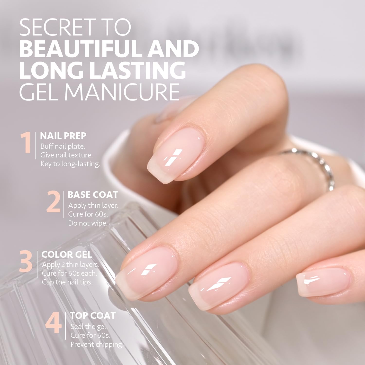 GAOY Nude Jelly Gel Polish curing under UV lamp for 60 seconds.