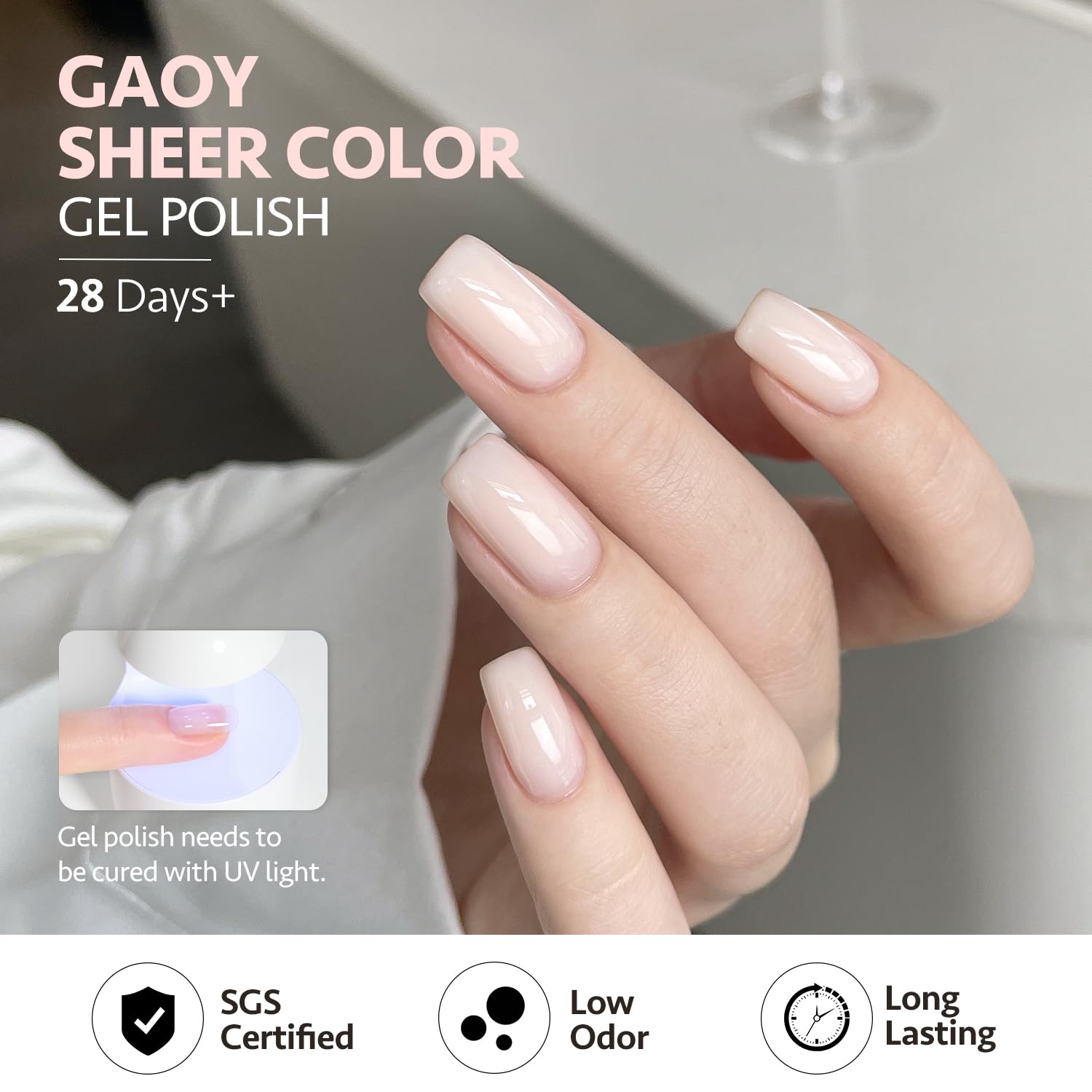 GAOY Nude Jelly Gel under UV LED light with quick 60-second cure