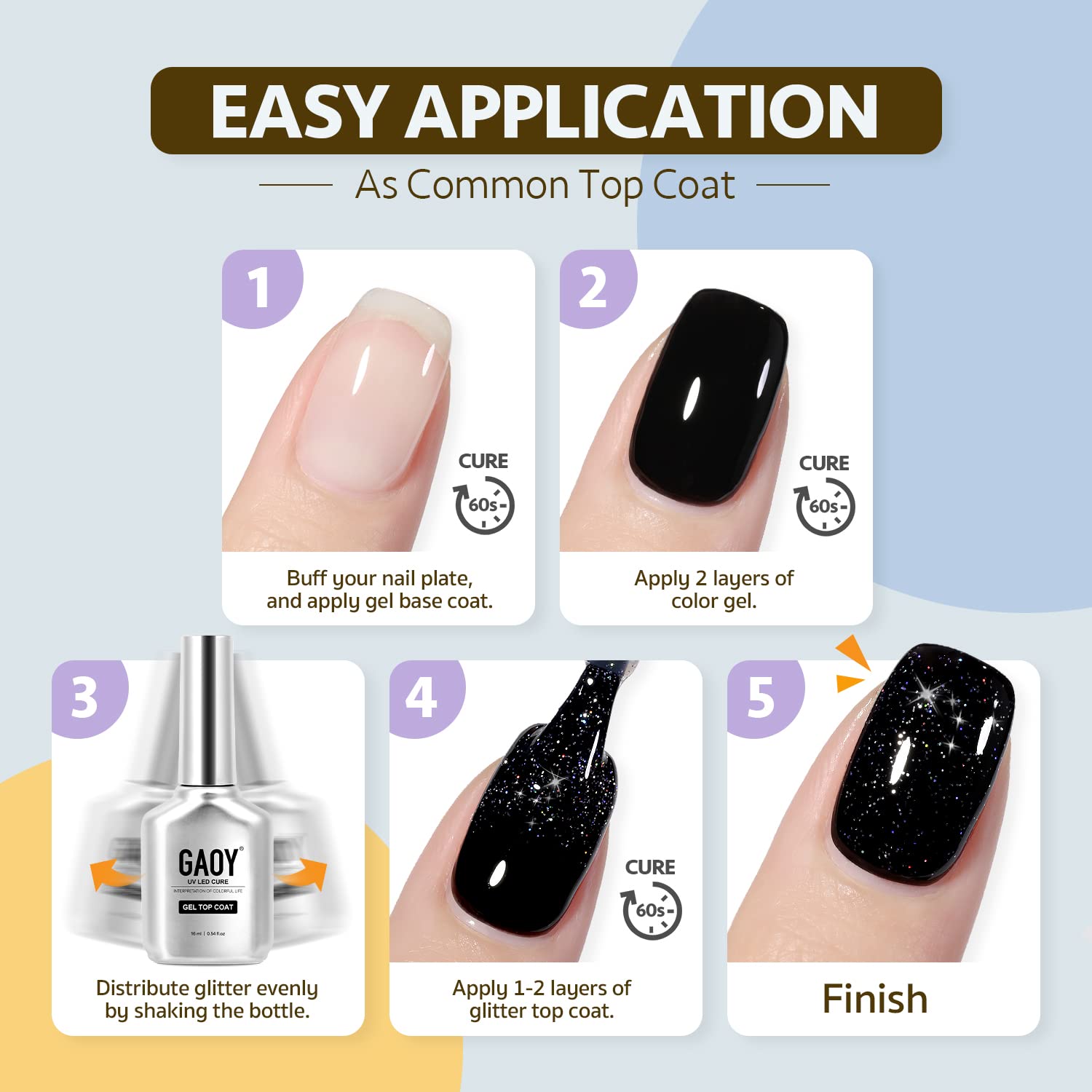 GAOY paquete con gel top coat plata irisada de 16 ml.