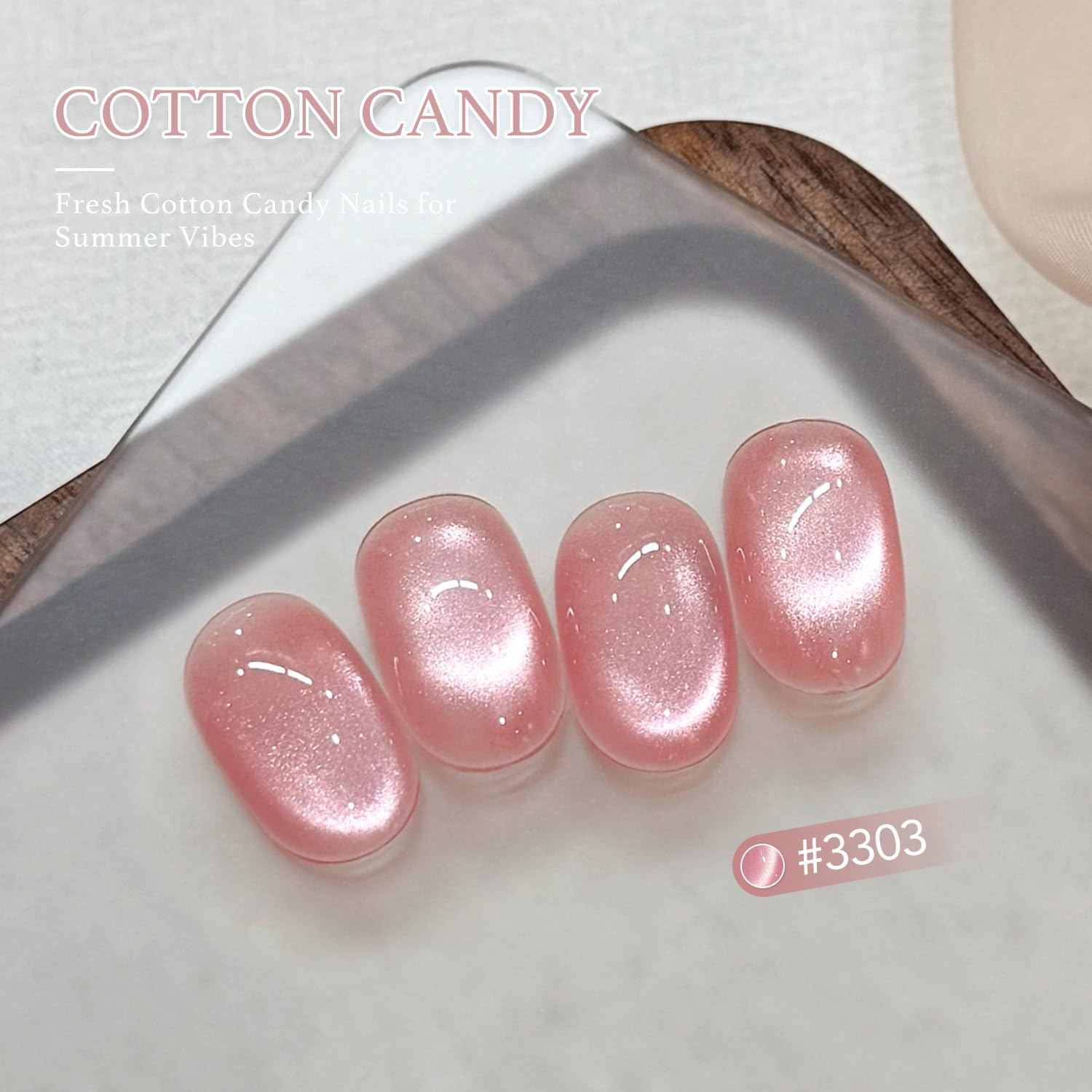 GAOY pink glassy nails display glitter holographic glow under light.