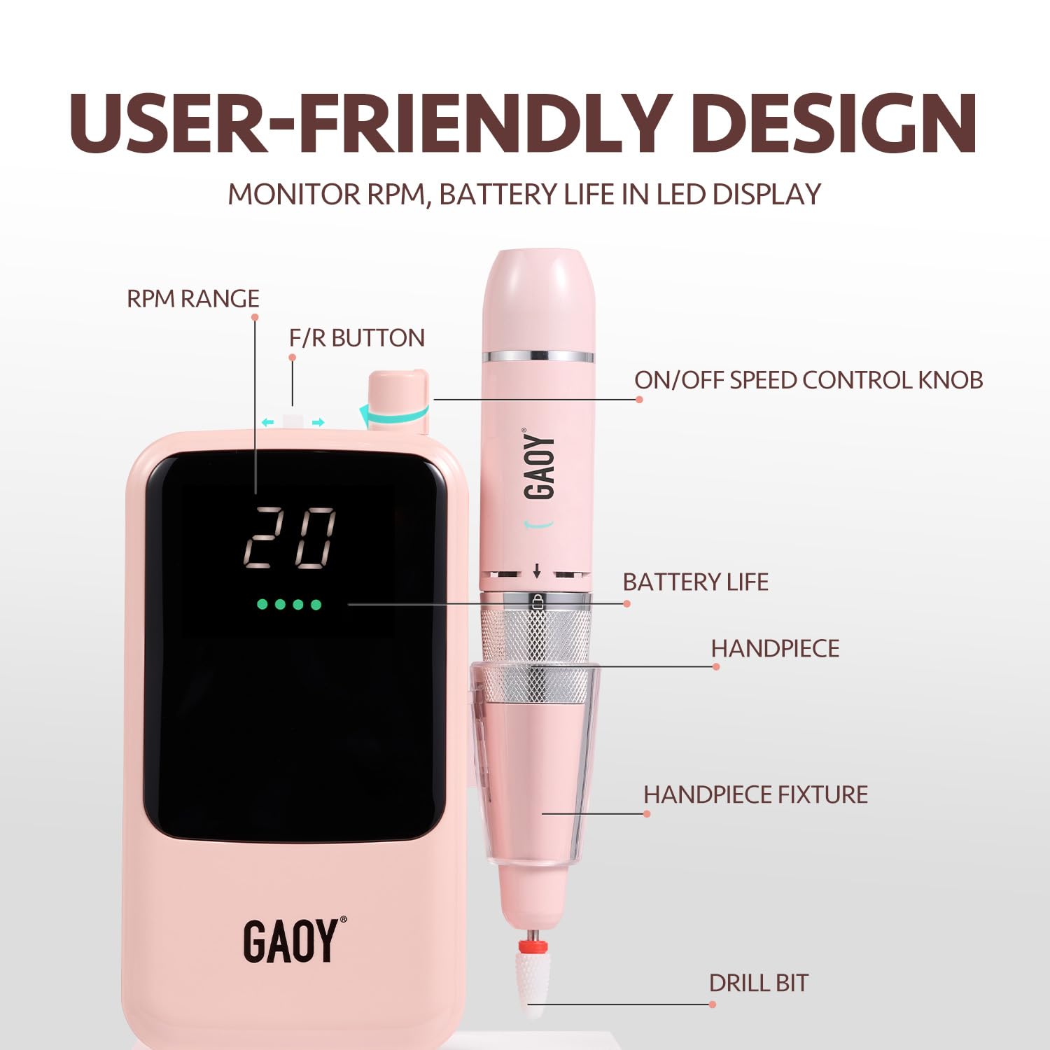GAOY pink-handle nail drill offers comfortable grip during manicures and pedicures