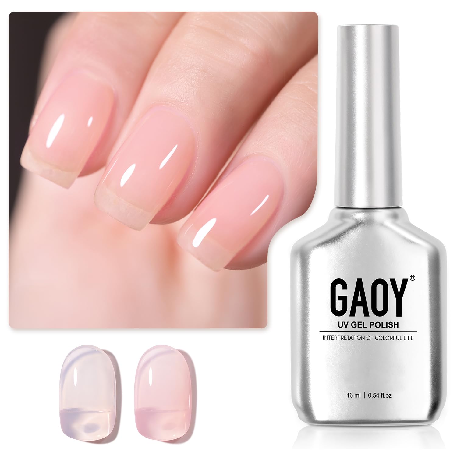 GAOY Pink Jelly Nude gel polish bottle close-up, milky pink shade for soft, natural nails.