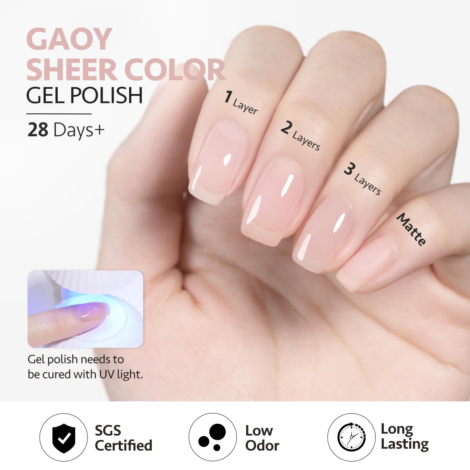 GAOY Pink Jelly Nude finished nails with a shimmery jelly finish.