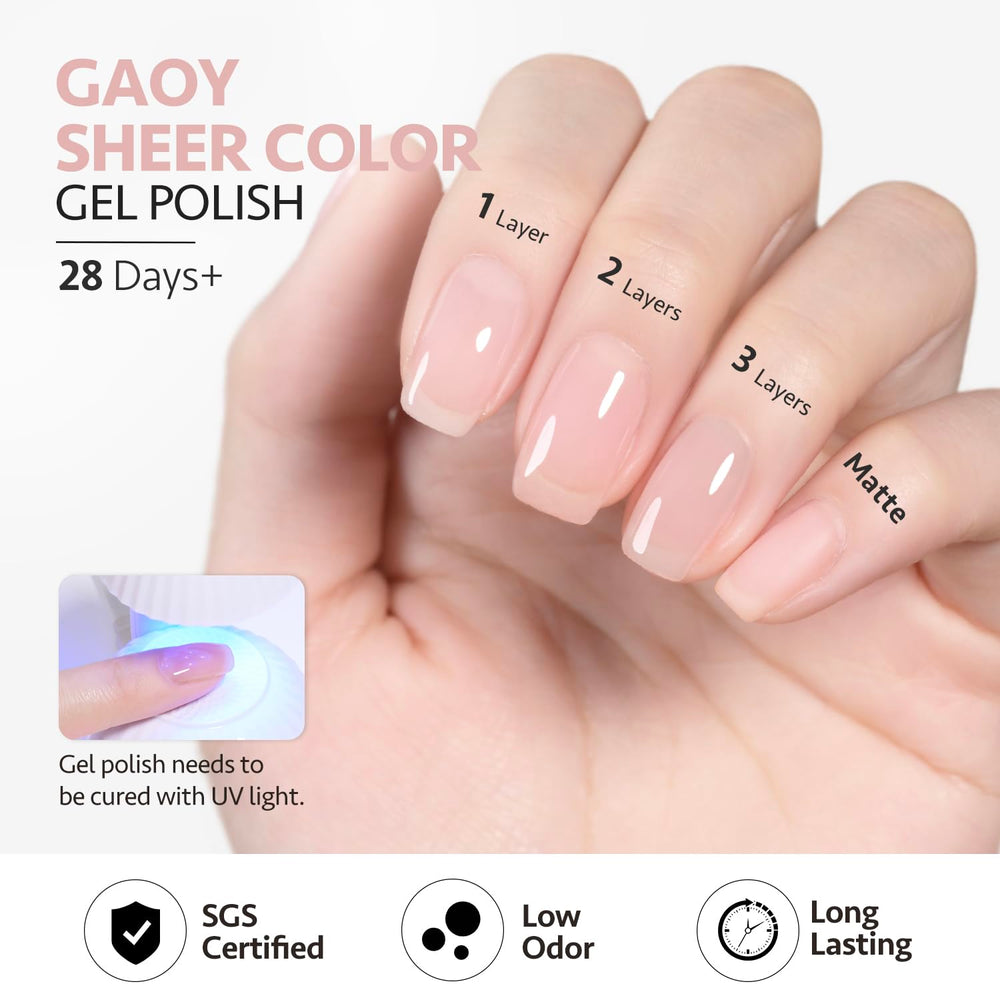 GAOY Pink Jelly Nude finished nails with a shimmery jelly finish.