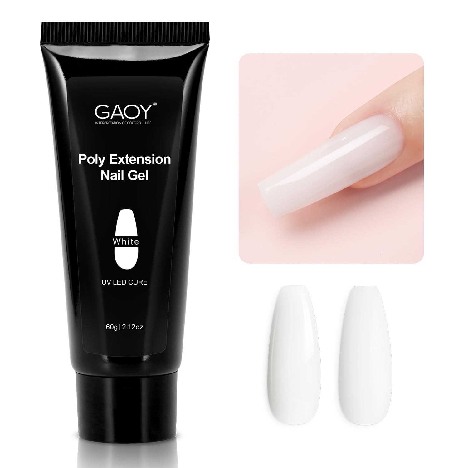 GAOY poly gel 60g en bote blanco para uñas, uso en casa.