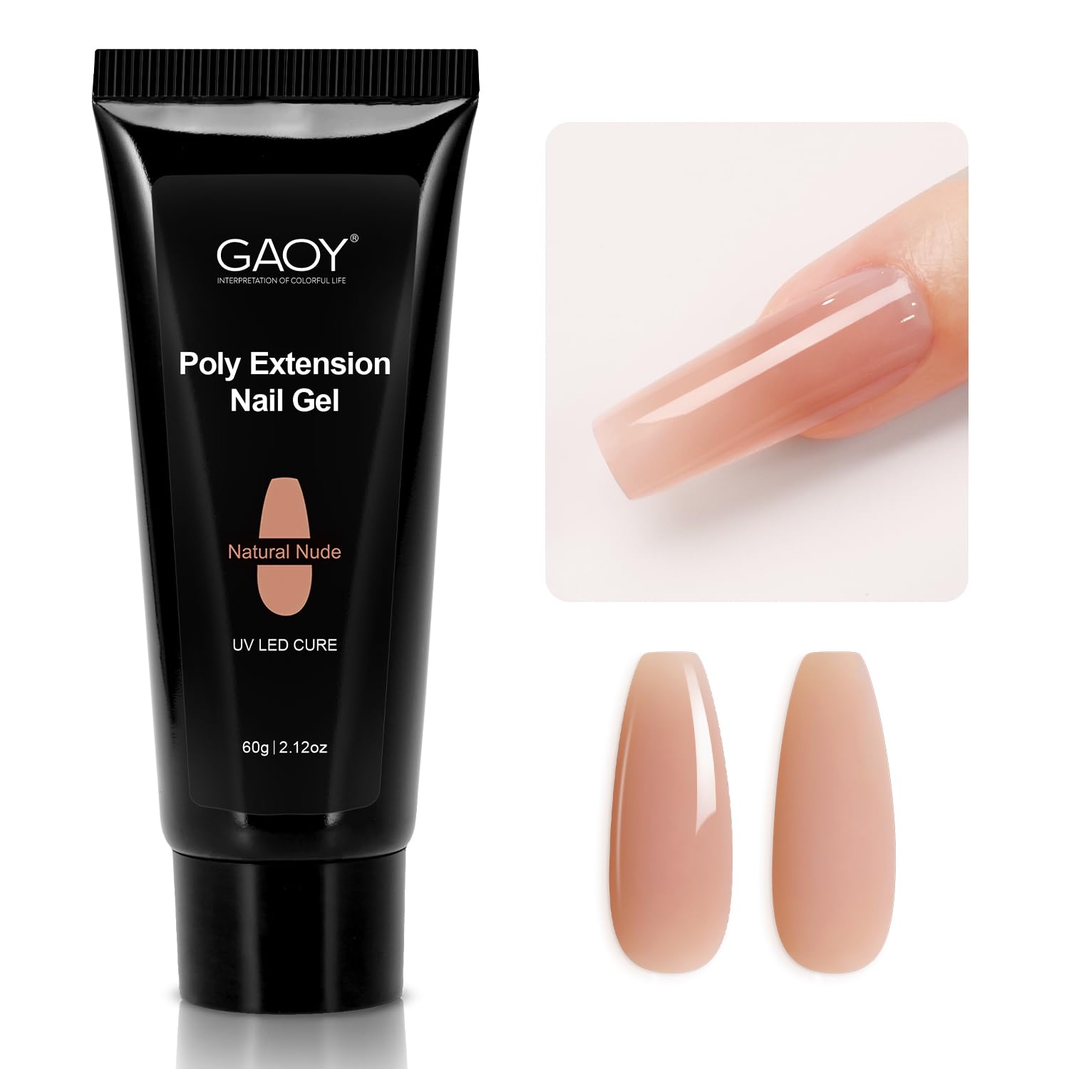 GAOY Poly Gel 60g aplicado en uñas para un acabado tono natural neutro y duradero.
