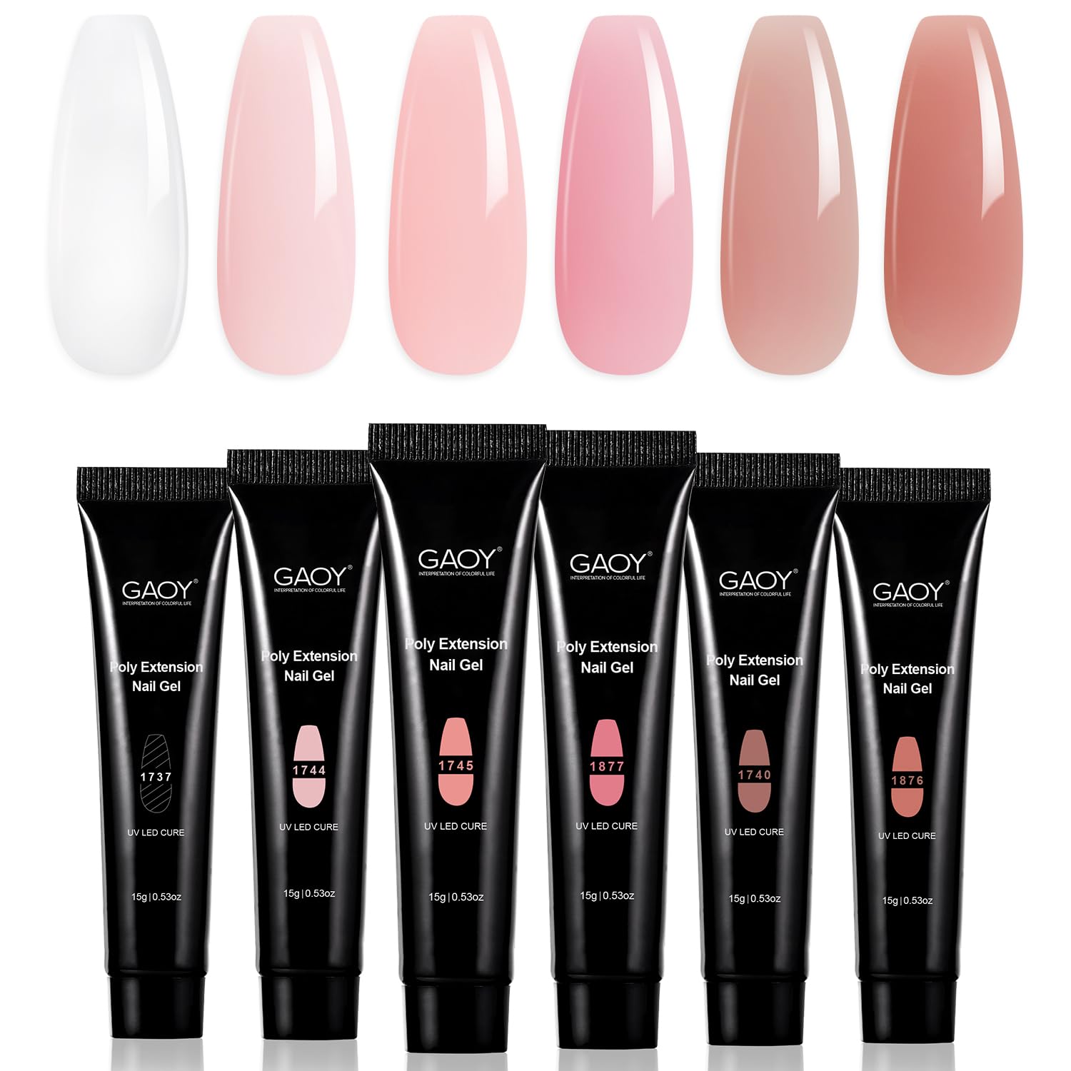 GAOY Poly Gel Set con seis colores rosa nude para uñas duraderas.