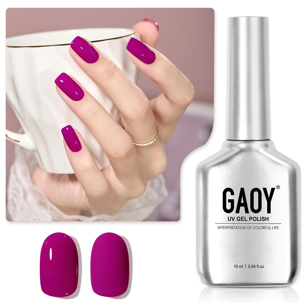 GAOY Purple Gel Nail Polish bottle closeup showing rich plum color for at-home use.