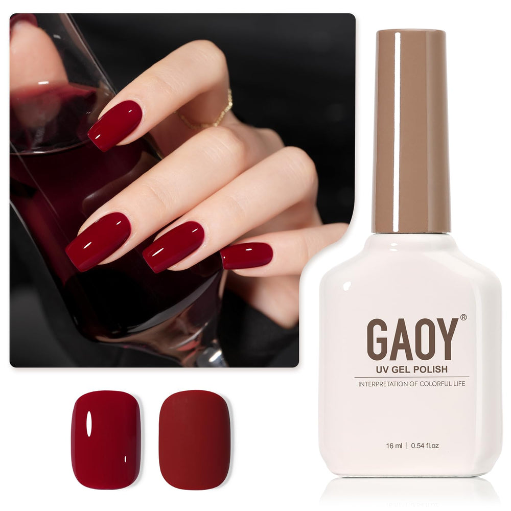 GAOY red gel nail polish bottle close-up showing burgundy shade and glossy finish