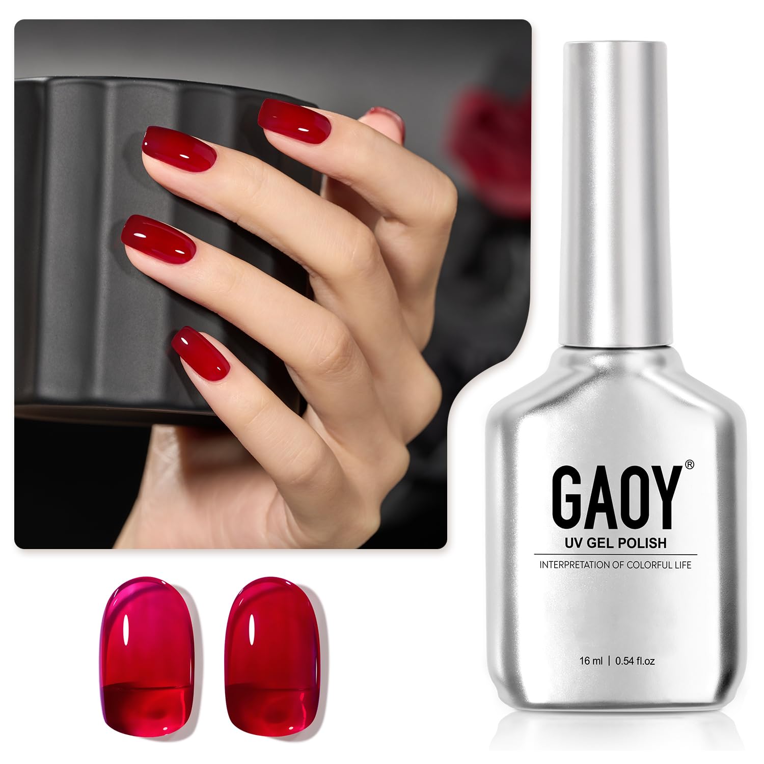 GAOY Sheer Red Gel Nail Polish bottle for buildable jelly color at home