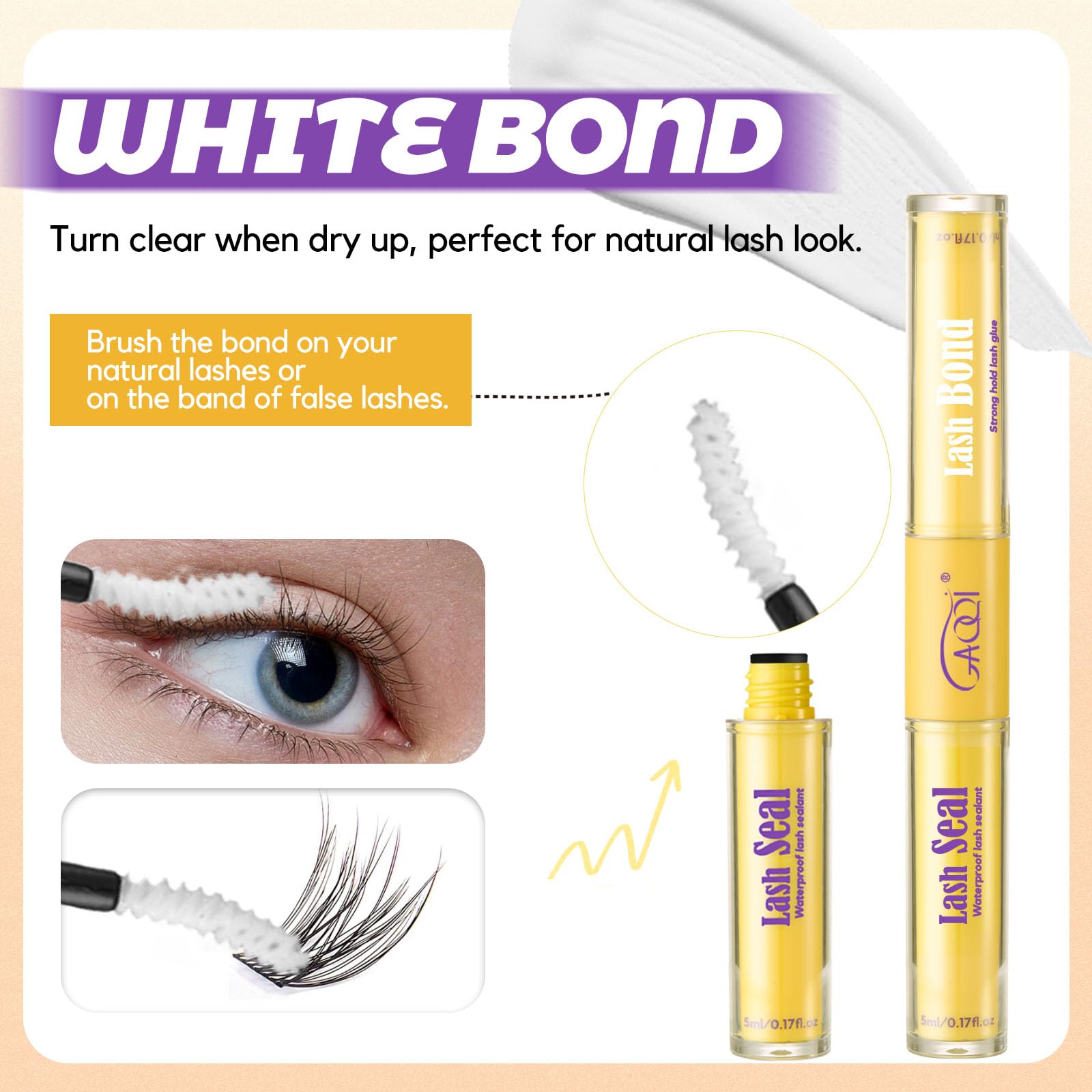 GAQQI Dual-ended adhesive highlights 2-in-1 convenience for lashes.