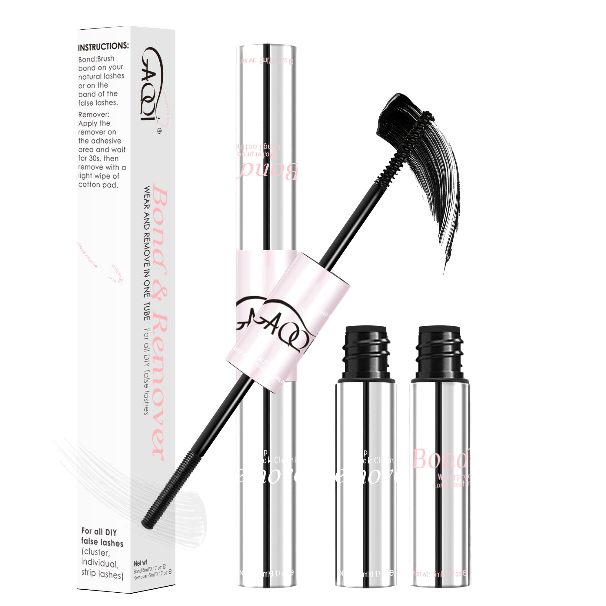 GAQQI Lash Bond and Remover bottle showcases the 2-in-1 formula for easy lash care.