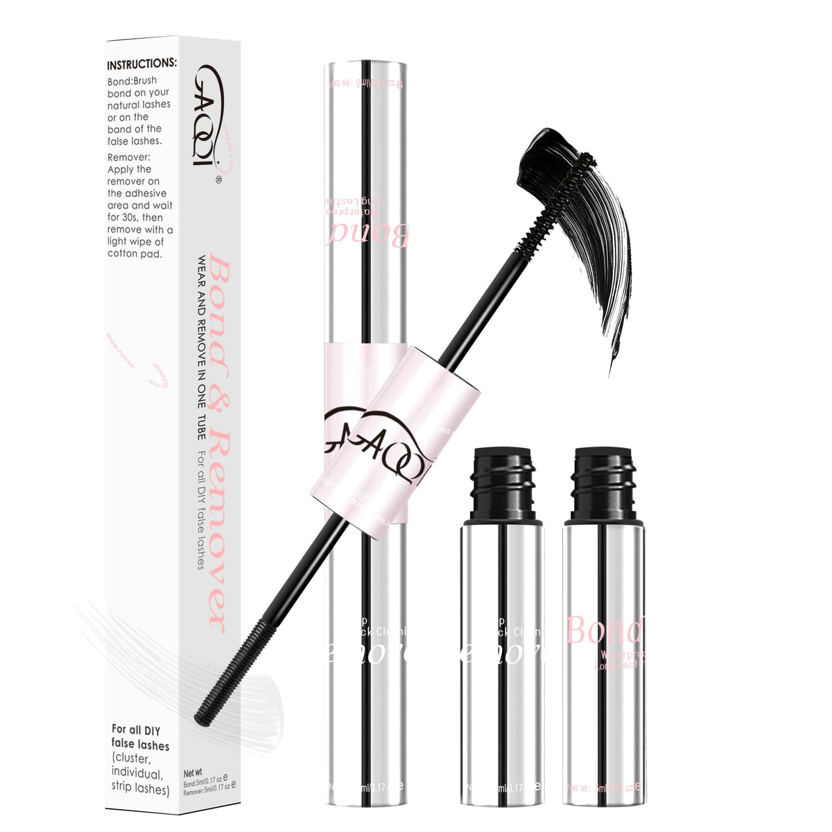 GAQQI Lash Bond and Remover bottle showcases the 2-in-1 formula for easy lash care.