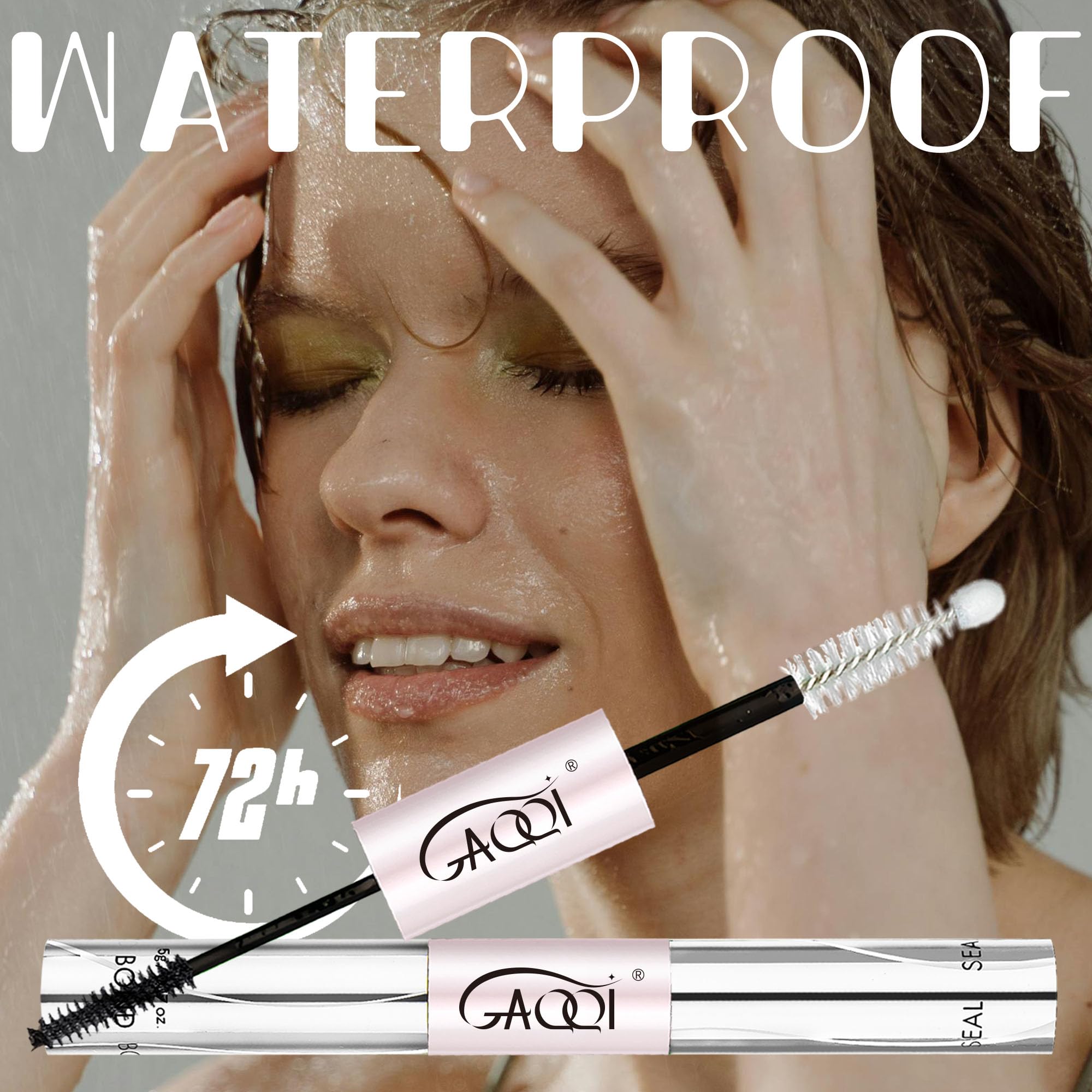 Close-up of GAQQI lash bond bottle highlighting waterproof formula and long wear