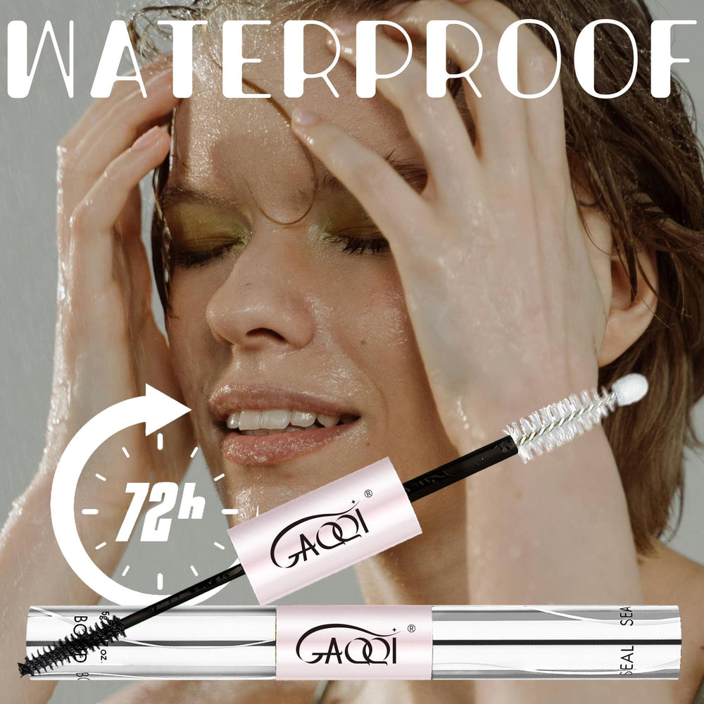 Close-up of GAQQI lash bond bottle highlighting waterproof formula and long wear