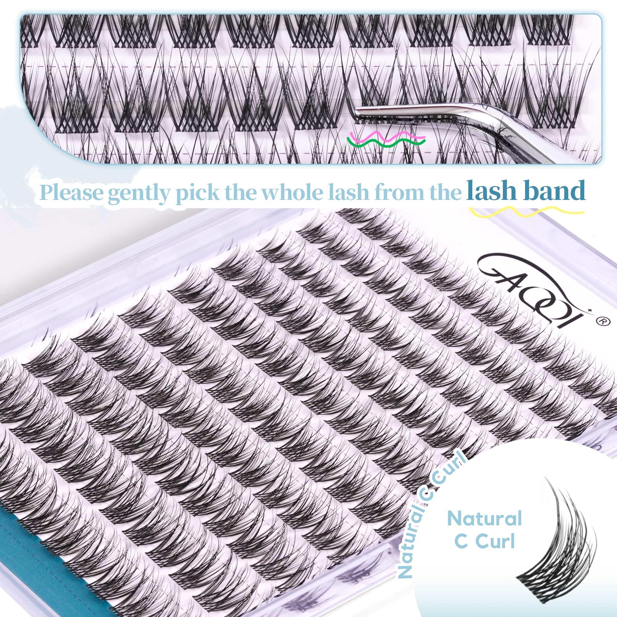 GAQQI C-curl lash clusters provide soft, comfortable lift.