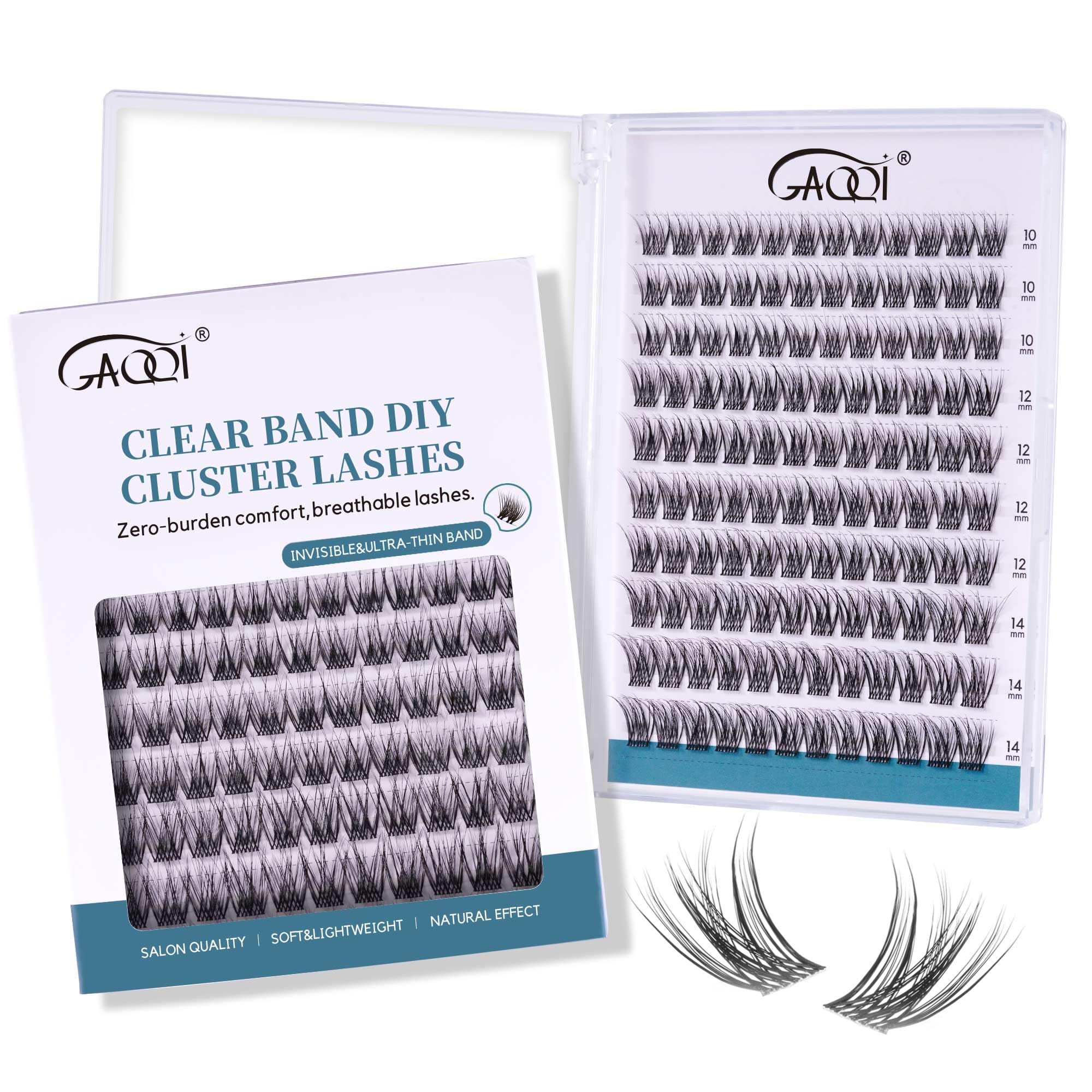 GAQQI Lash Clusters with ultra-thin clear band for seamless natural look.
