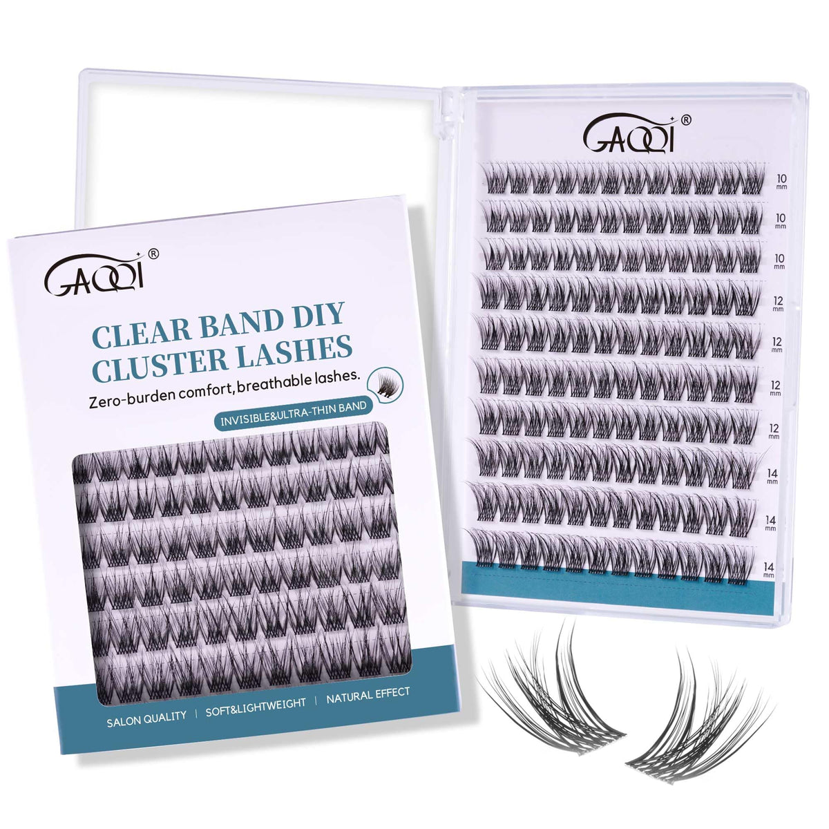 GAQQI Lash Clusters with ultra-thin clear band for seamless natural look.