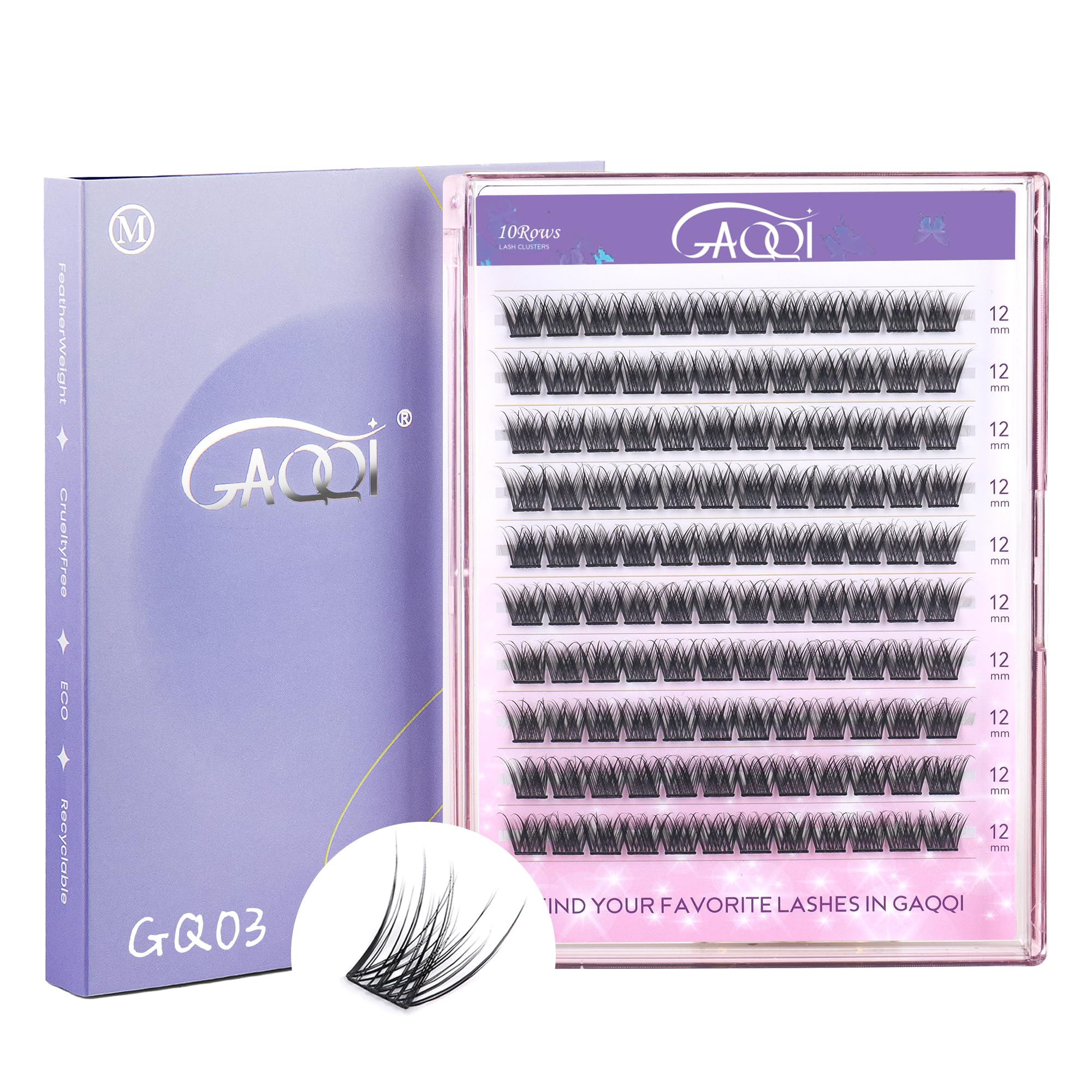 GAQQI GQ03 lash clusters, natural 12mm, for daily subtle enhancement.