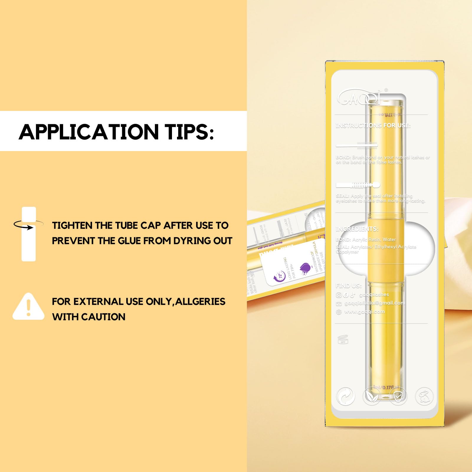 GAQQI Clear bond dries clean for natural lash appearance.