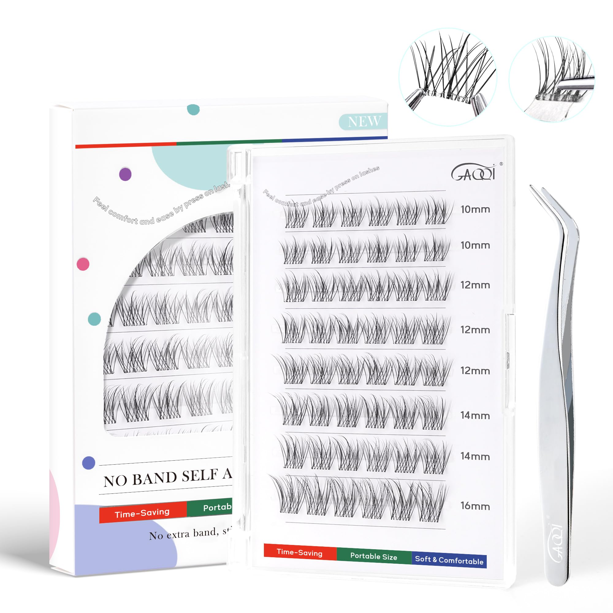 GAQQI self-adhesive eyelash clusters with stemless design for effortless application.