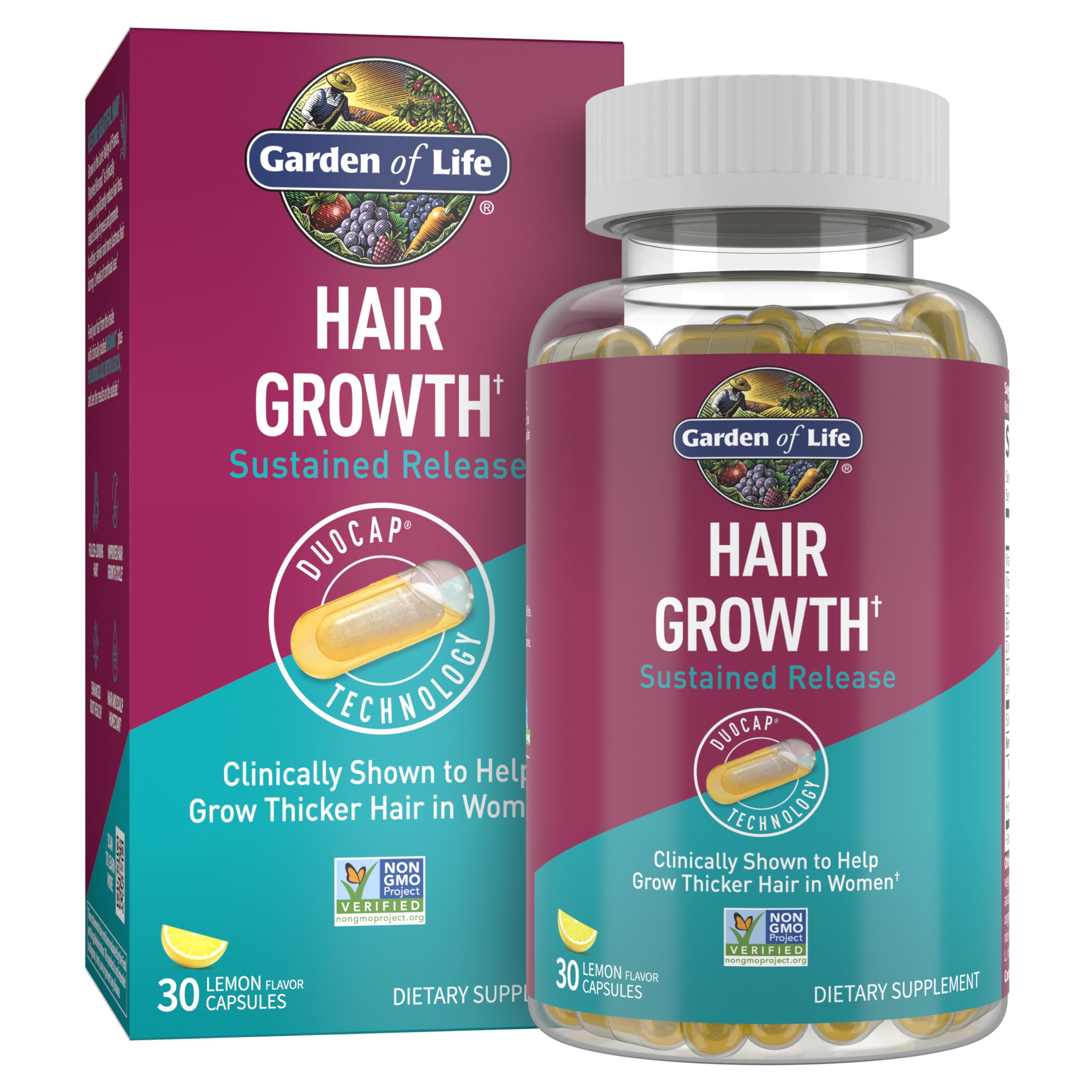 Garden of Life Hair Growth DuoCaps bottle front for daily hair nourishment in a plant-based formula