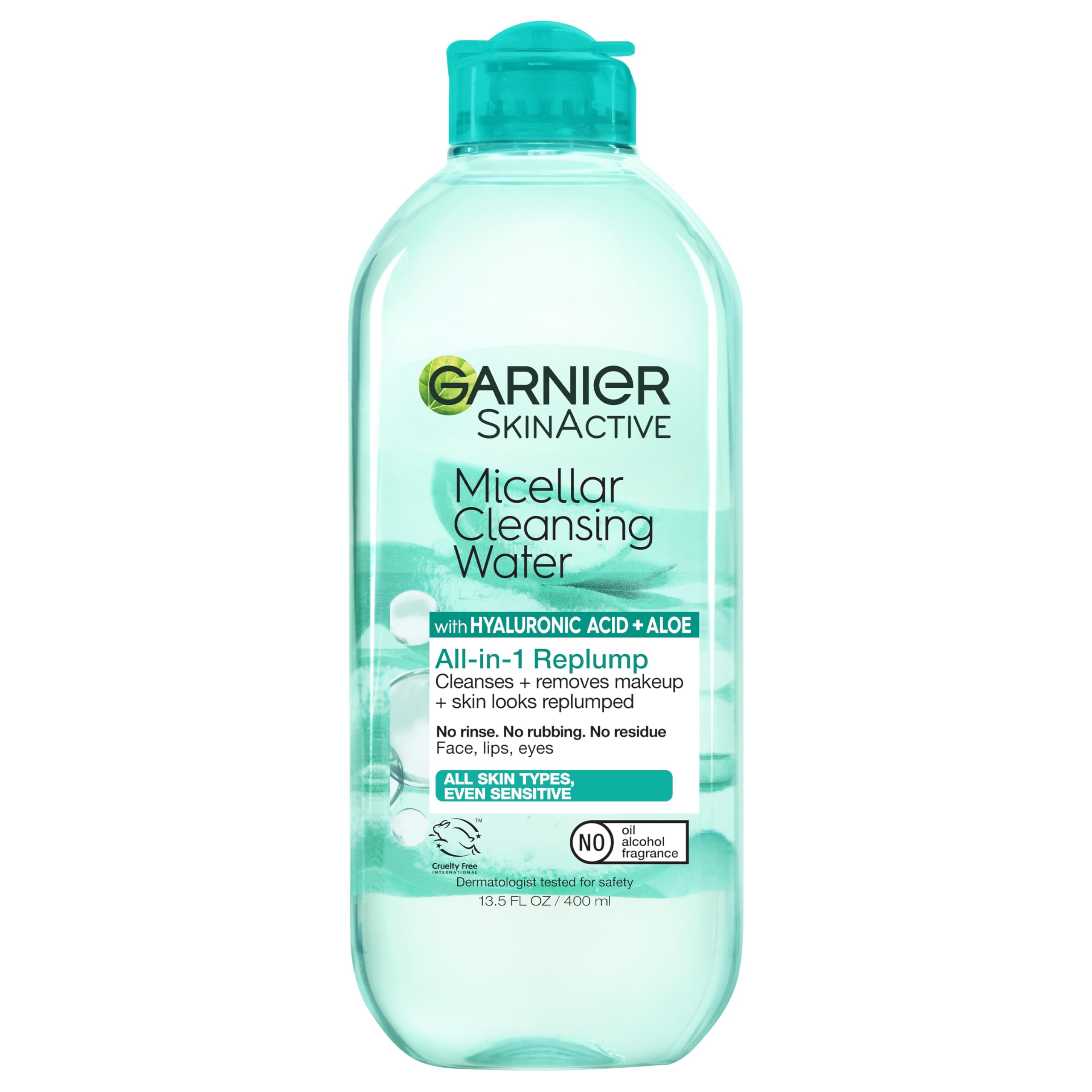 Garnier Agua Micelar con Ácido Hialurónico, botella: limpia sin frotar y desmaquilla.