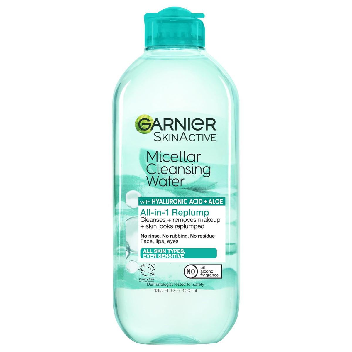Garnier Agua Micelar con Ácido Hialurónico, botella: limpia sin frotar y desmaquilla.