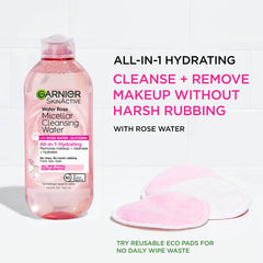 Garnier Agua Micelar Rosa aplicada en el rostro para desmaquillar suavemente.