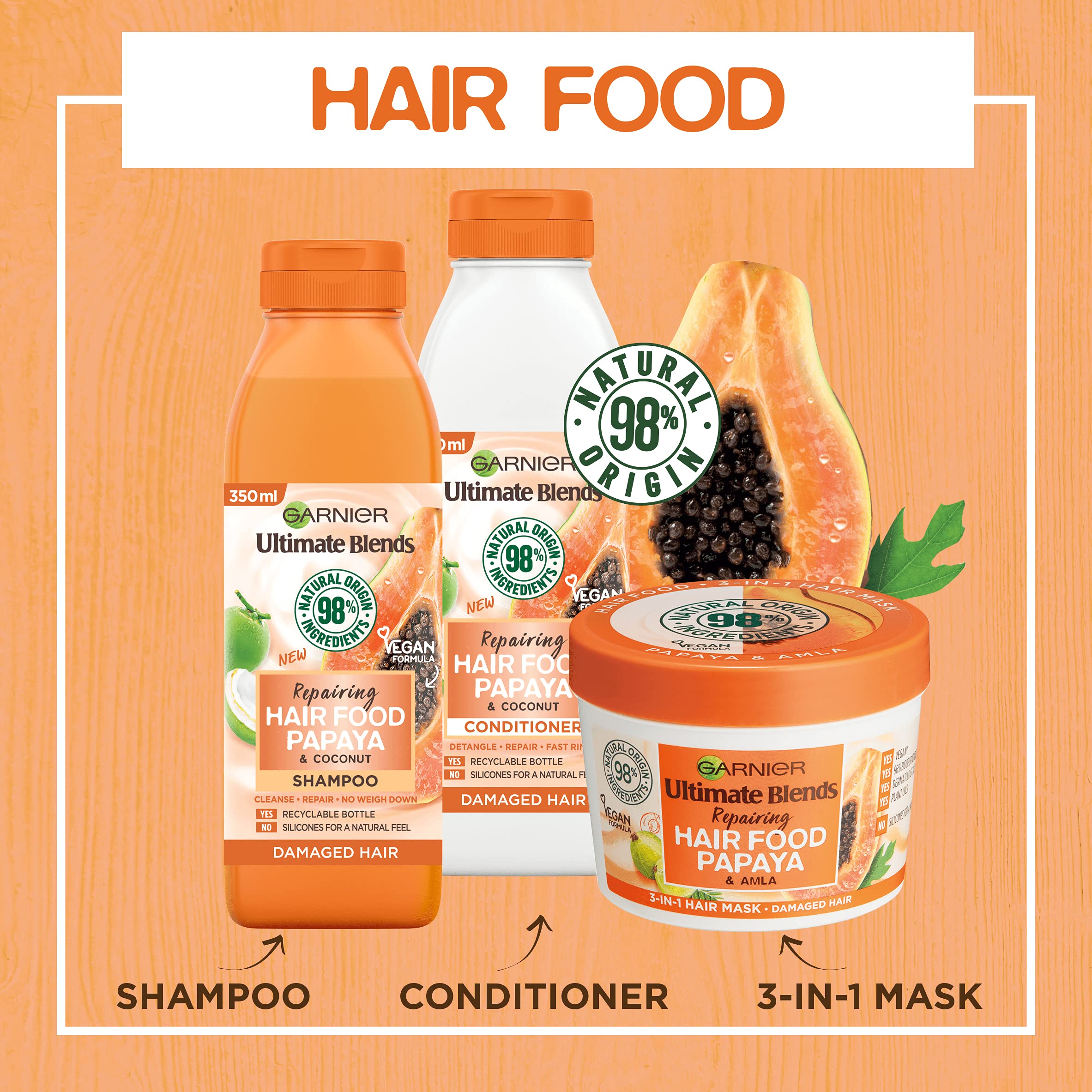 Garnier Alimento para el Cabello Papaya, controla el frizz sin peso.