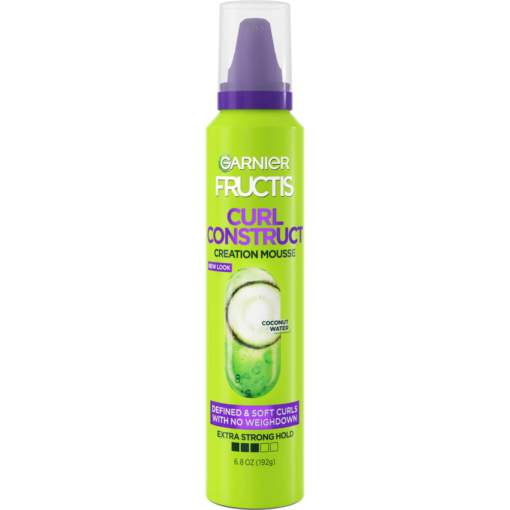 Garnier Fructis Curl Construct Mousse bottle shows lightweight curl hold and shine.