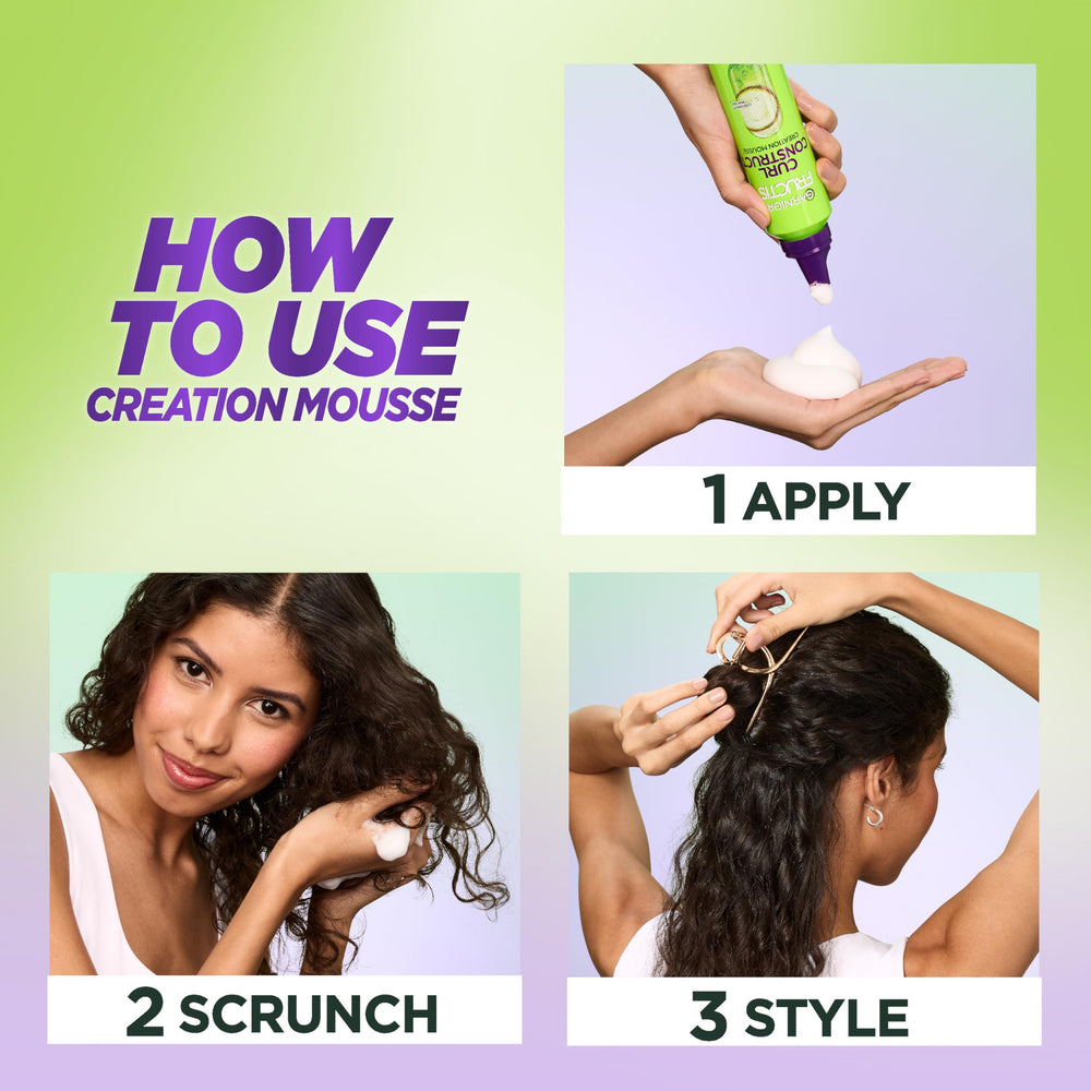 Garnier Fructis Curl Construct Mousse applying to curls for frizz control.
