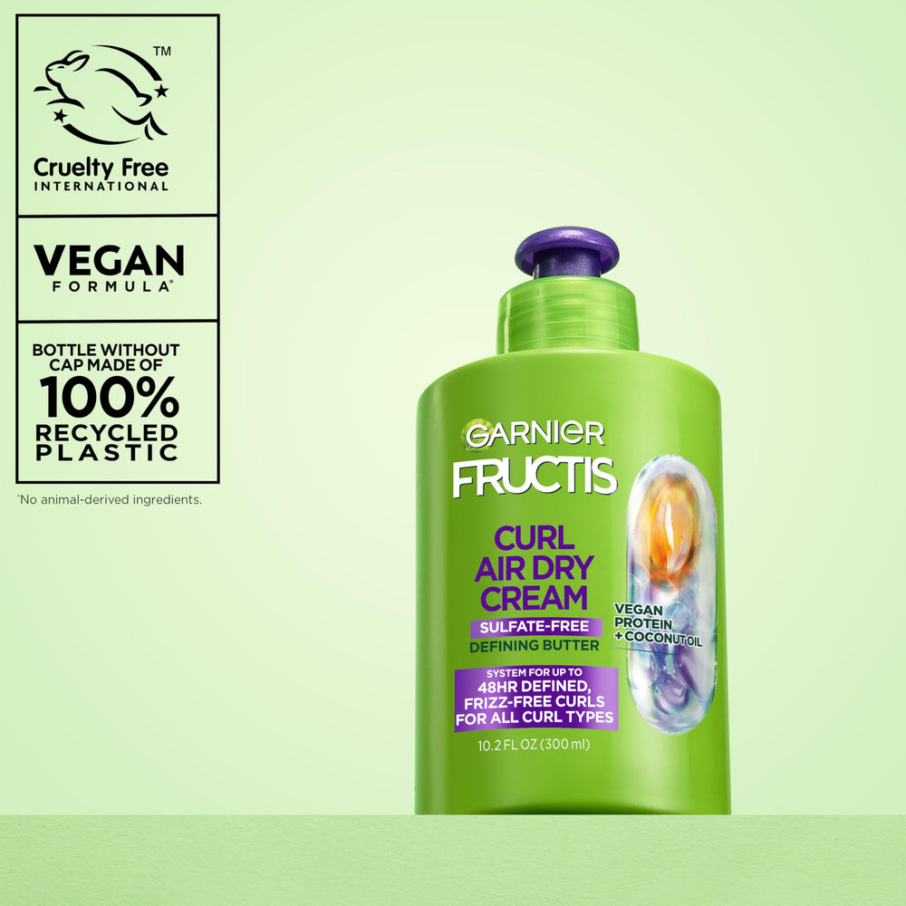 Garnier Fructis Curl Nourish Air Dry Cream certificado libre de crueldad y vegano para consumo responsable.
