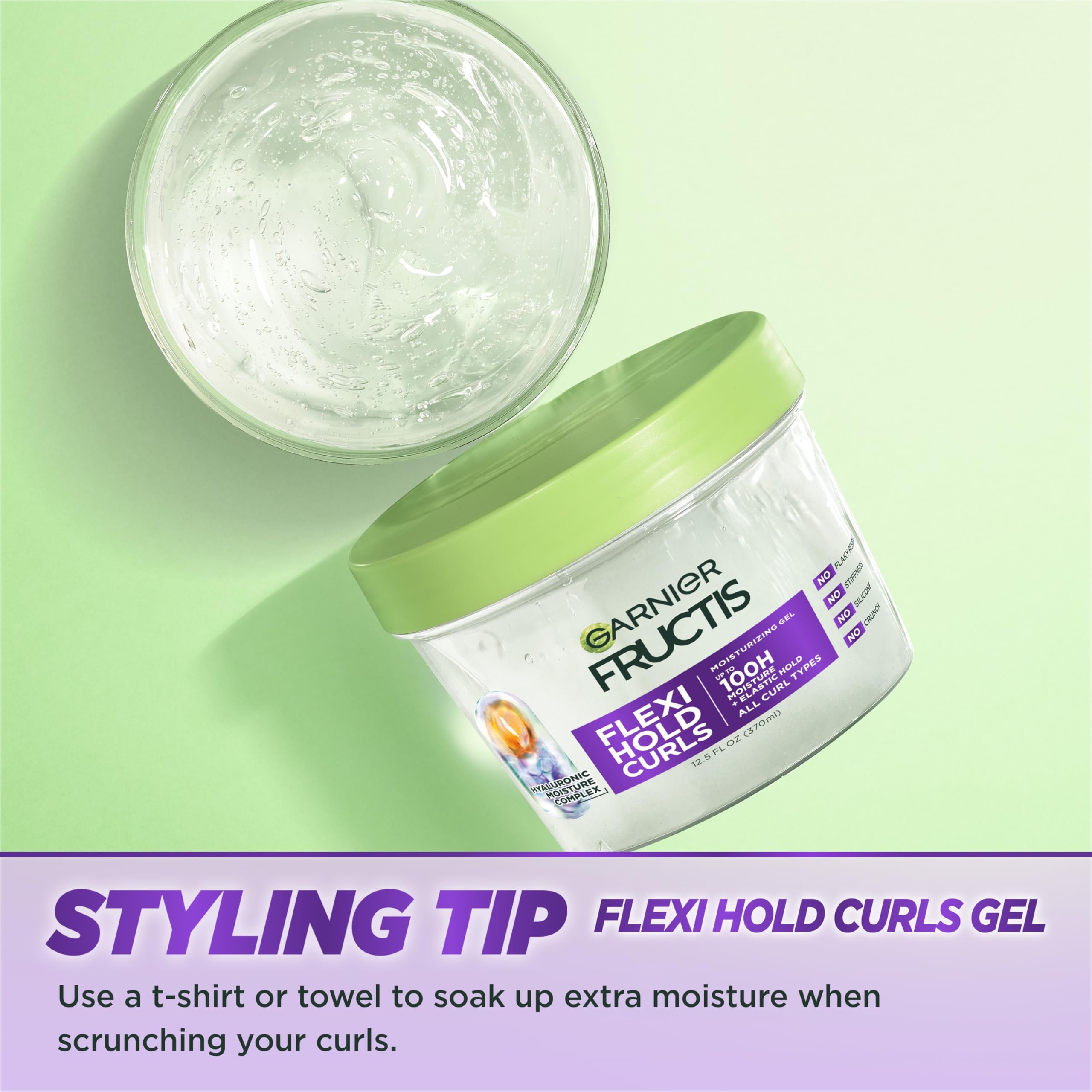 Garnier Fructis Flexi Hold Curls, enriquecido con ácido hialurónico para mayor elasticidad.