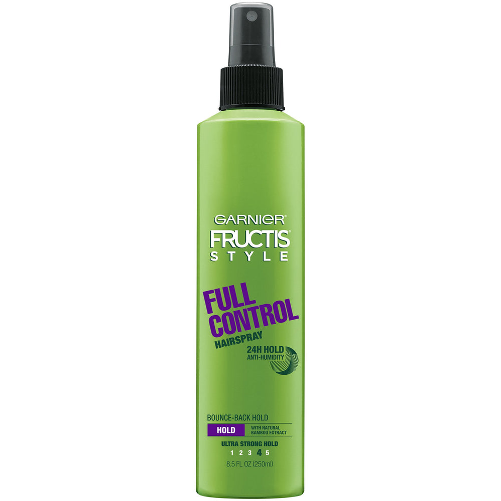 Garnier Fructis Full Control hairspray bottle showing 24-hour hold and anti-humidity protection.