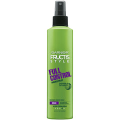 Garnier Fructis Full Control hairspray bottle showing 24-hour hold and anti-humidity protection.
