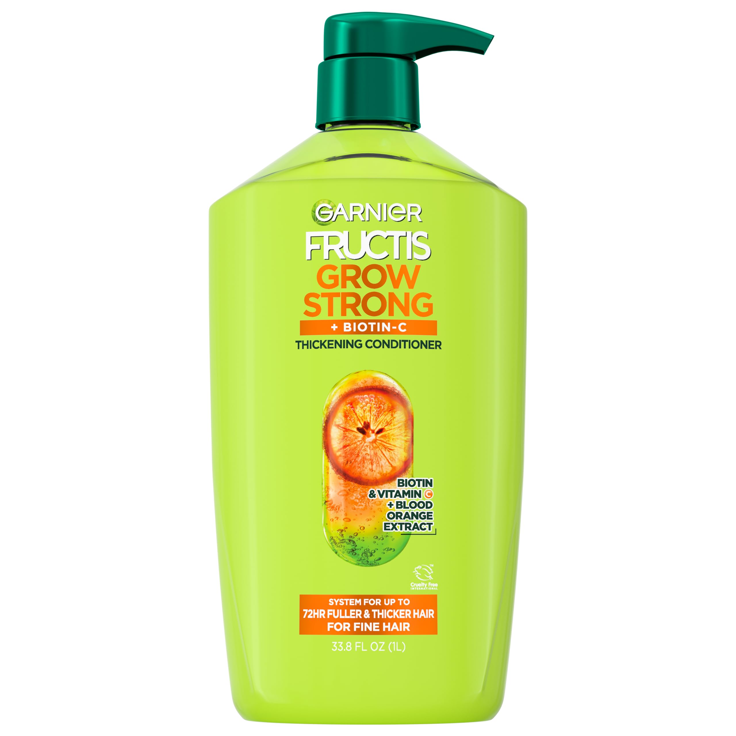 Frasco de acondicionador Garnier Fructis Grow Strong para cabello fino con mayor volumen.