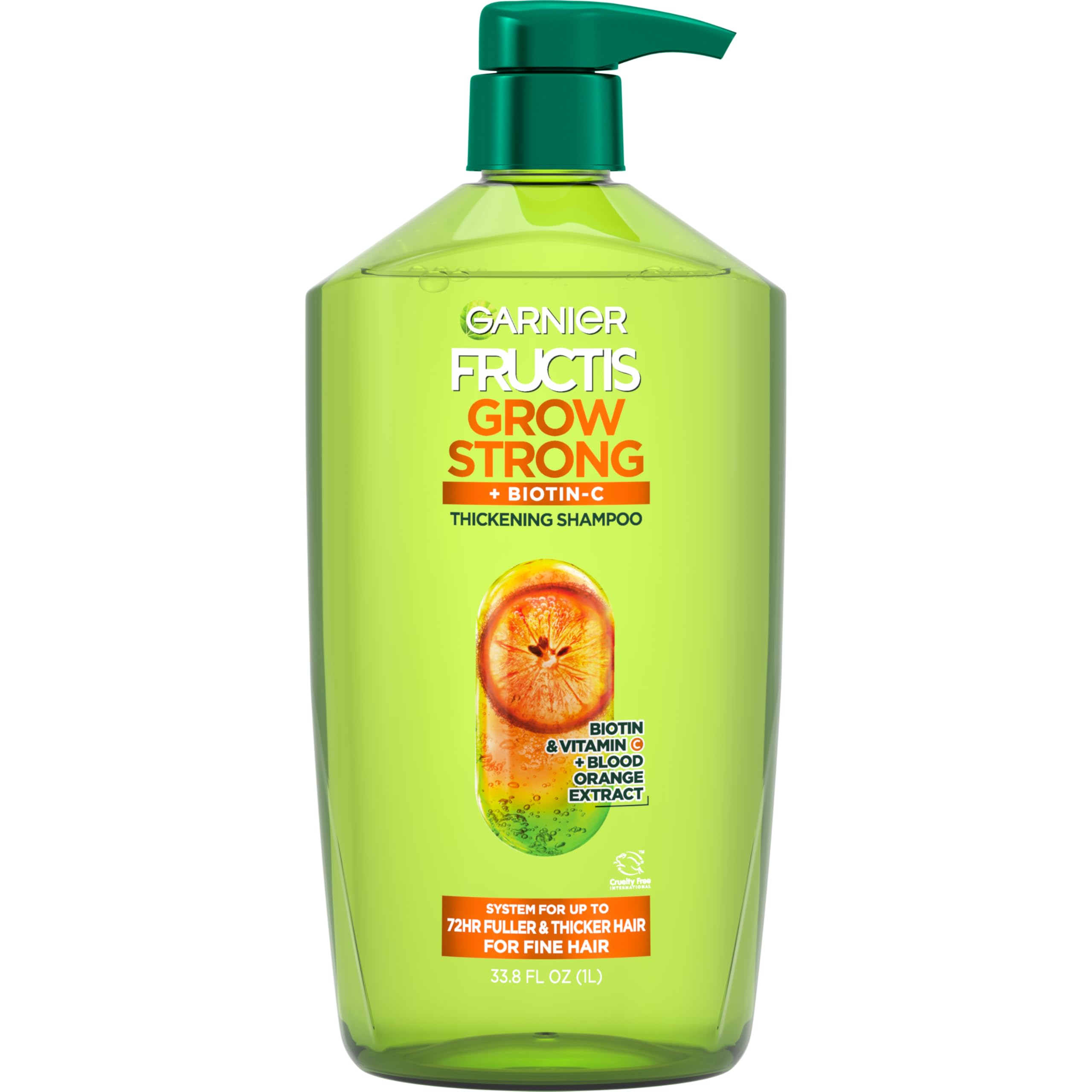 Garnier Fructis Grow Strong, champú vertiendo; aporta cuerpo al cabello fino