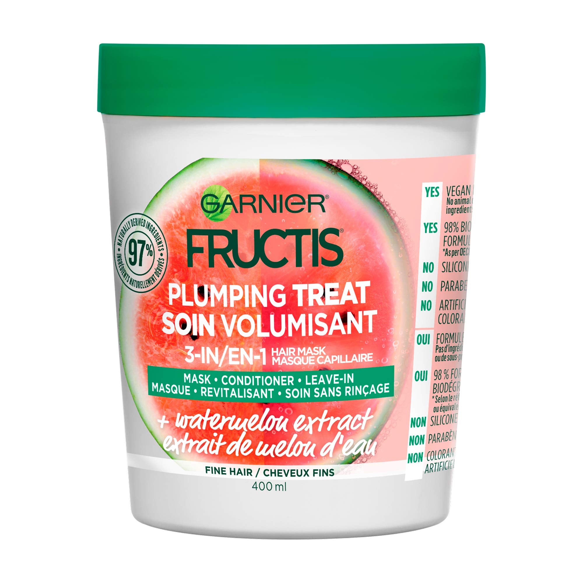 Garnier Fructis Plumping Treat, bote sin tapa, hidratación ligera para cabello fino.