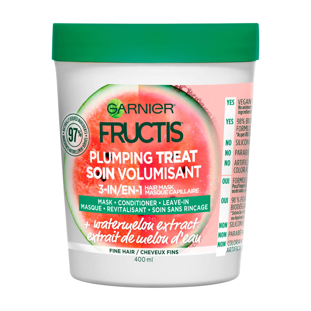 Garnier Fructis Plumping Treat, bote sin tapa, hidratación ligera para cabello fino.
