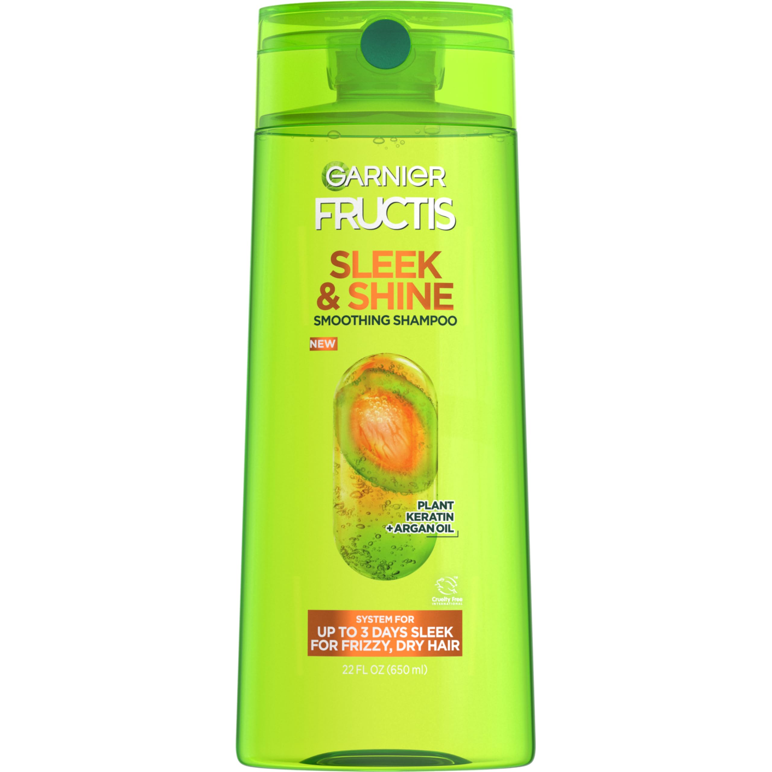 Garnier Fructis Sleek & Shine shampoo bottle front for frizz control.