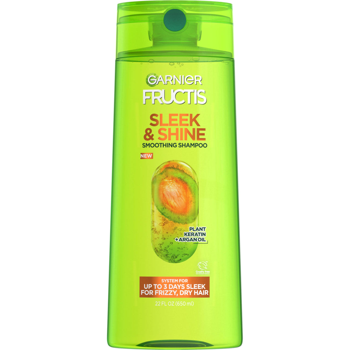 Garnier Fructis Sleek & Shine shampoo bottle front for frizz control.