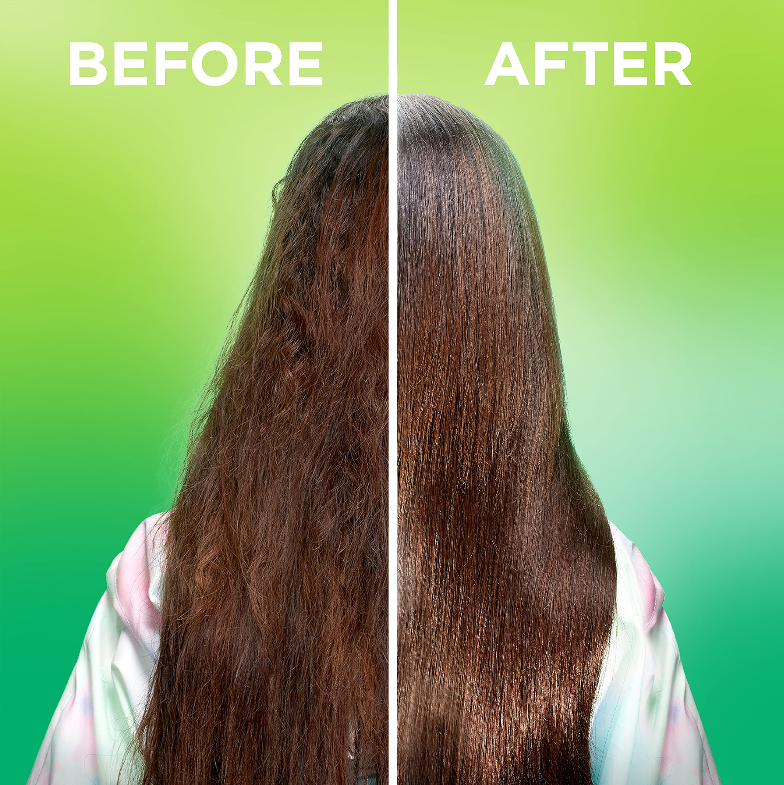 Hair close-up reveals a glossy, frizz-free finish.